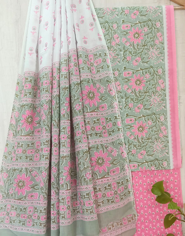 Light Green & Pink Coloured Unstitched Pure Cotton Hand Block Printed Women Party/Daily wear Dress Material Suit- Top with Bottom & Cotton Dupatta!!