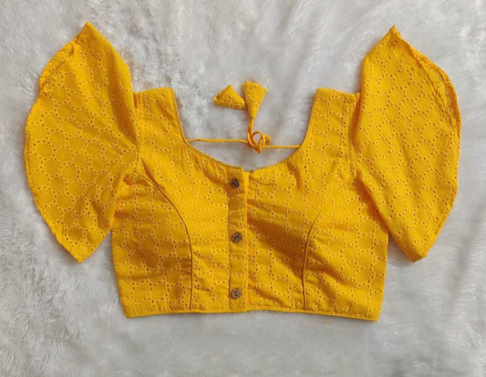 Yellow Coloured Pure Cotton HAKOBA Woman Designer Butterfly Sleeve Ready made Blouse - 38 Size Fits Up to 42 Inch!!