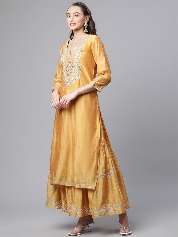 Yellow Ethnic Motifs Yoke Design Chanderi Silk Straight shape Kurta with Sharara & Dupatta!!