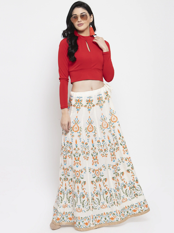 Multi Print White coloured Rayon Skirt Free Size( 28 to 40 Inch)!!