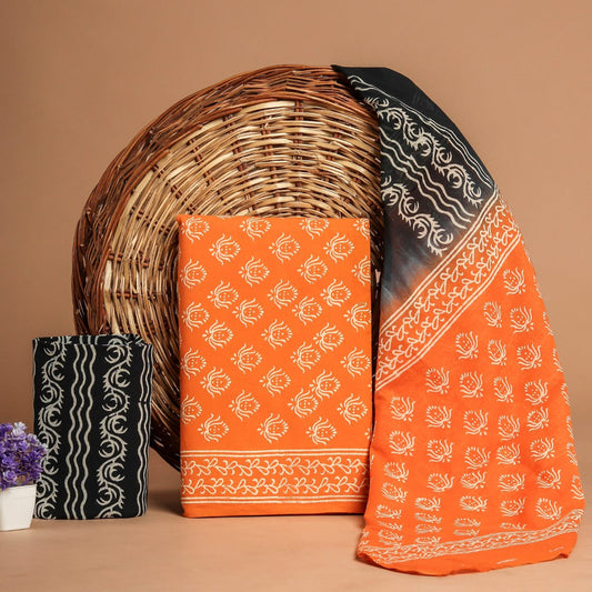Orange & Black Coloured Beautiful Unstitched Pure Cotton Hand Printed Women Party/Daily wear Dress Material Suit- Top with Bottom & Cotton Dupatta!!