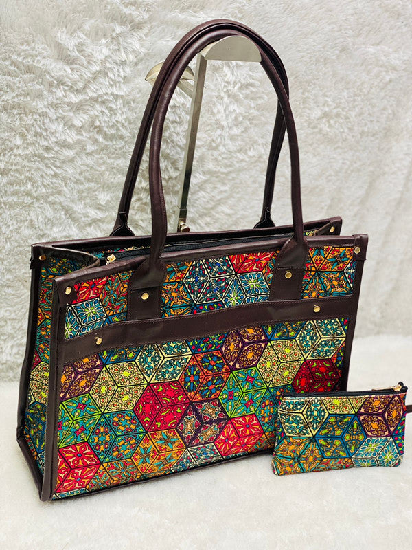 Mehendi Green & Multi Coloured Pure Cotton Laptop padded partition Vegan leather handles Women Laptop Bang!!