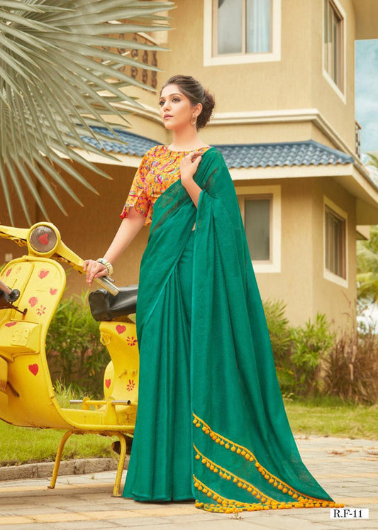 Green Coloured Jute Linen Cotton Saree with Pompom Border!!