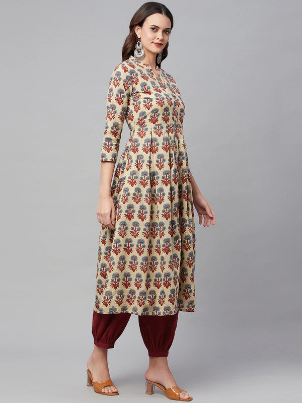 Beige Coloured Pure Cotton Floral Printed Sequinned A-line shape V neck 3/4Sleeves Women Designer Party/Daily wear Kurti with Salwar!!