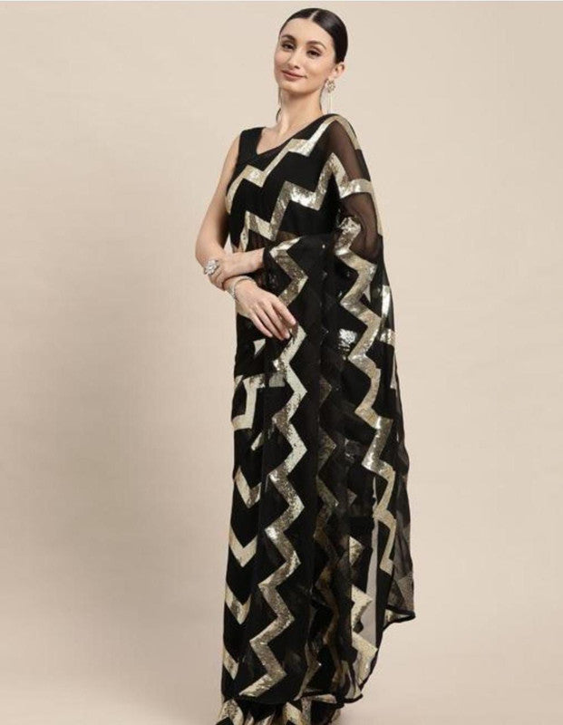 GEORGETTE SAREE WITH 8 LINES OF ZIGZAG DESIGN SEQUENCE WORK!!