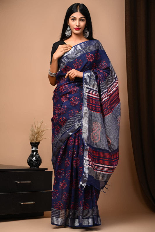 Latest Attractive Beautiful Designer Hand Block Print Linen Saree