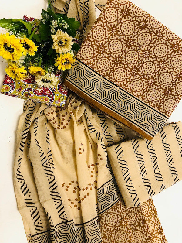 Beige & Mustard Yellow Coloured Unstitched Pure Cotton Exclusive Hand Block Printed Women Party/Daily wear Dress Material Suit- Top with Bottom &  Mul Cotton Dupatta!!