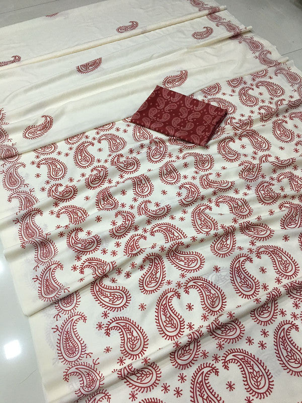 Off White & Red Coloured Pure Mulmul Cotton Silk with Digital Print Women Party wear Cotton Silk Saree with Blouse!!