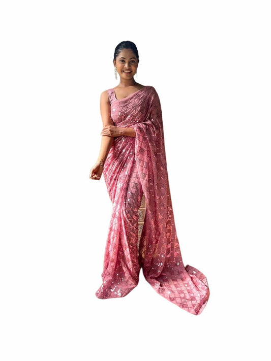 Pink Coloured Premium Georgette with Sequence work lace Border with Piping Women Party wear Fancy Ready to wear Saree with Blouse!!