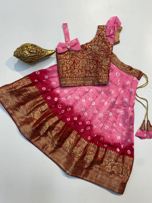 Pink & Maroon Coloured Cotton Silk with Bandhani Printed & Zari weaving border Girls Kids Designer Ethnic wear Lehenga with Blouse!!