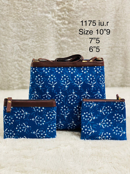 Blue & White Coloured Pure Cotton Ikkat Print Women Sling Bang- 3 PCS Combo( Sling Bag, Big Pouch & Small Pouch )!!