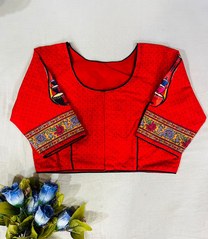 Red Coloured Pure Cotton with Traditional Print Woman Ready made Designer Botique Style Blouse- Free Size Up to 42 Inch!!