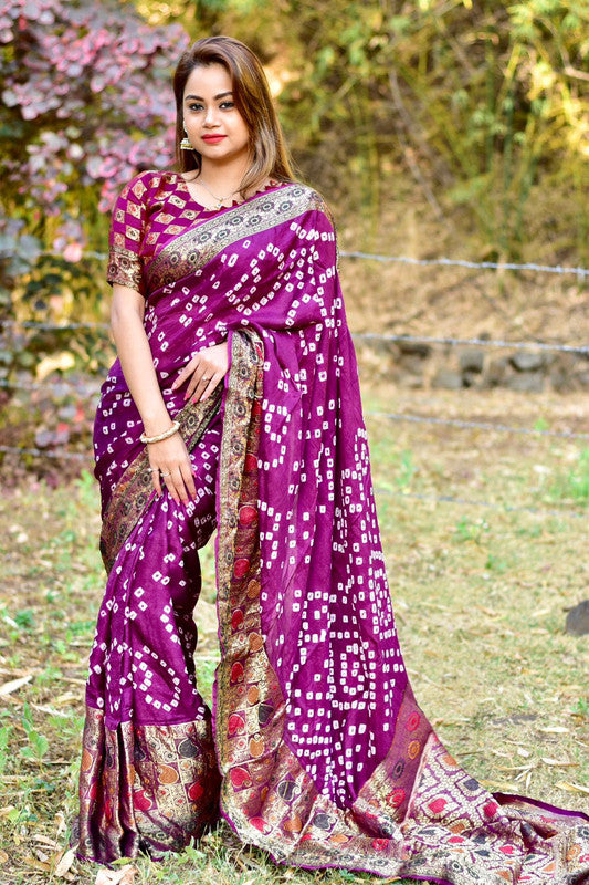 Purple & Multi Coloured with Minakari & Bandhani Print Women Designer Party wear Kanjivaram Silk Saree with Blouse!!