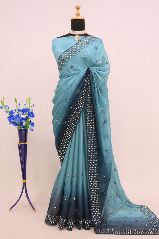 Light & Dark Rama Blue Coloured Shimmer Padding & Embroidery with original mirror work Women Designer Party wear Fancy Saree with Blouse!!