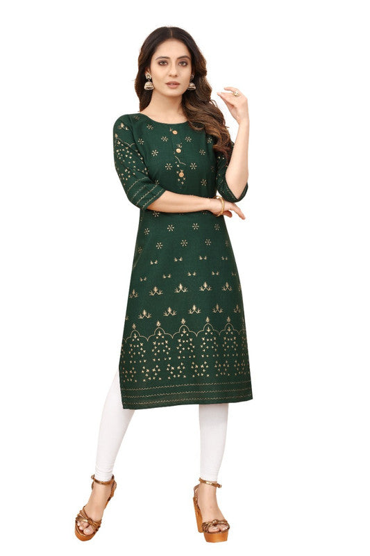 Green Coloured Cotton Gold Foil Printed 3/4 Sleeves Stright Fit Kurti!!
