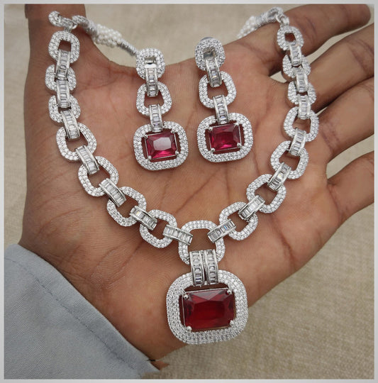 Premium Quality Maroon Silver Plating AD jewellery Necklace Set with Earrings!!