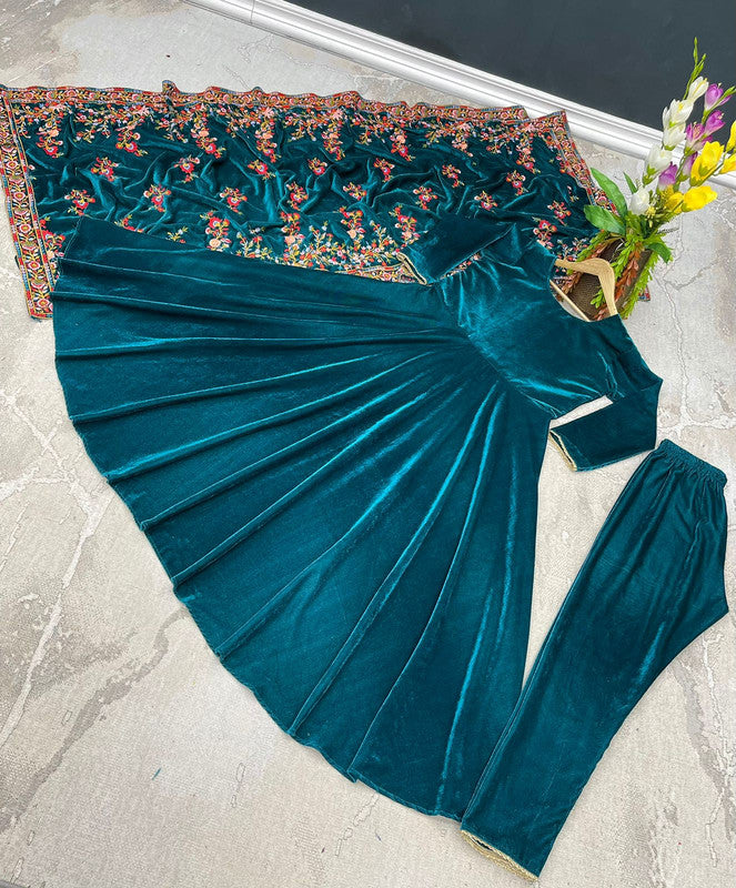 Green Coloured Heavy Pure Viscose Velvet Round Neck Full Sleeves Women Designer Party wear Anarkali Gown with Bottom & Embroidery Work Dupatta!!