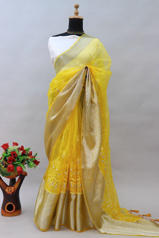 Yellow Coloured Pure Organza Kora Silk Jaqucard Fnacy Hand dying Women Party wear Saree with Blouse!!