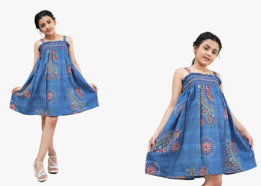 Blue Coloured Designer Printed Polireyon Girls Western Frock!!