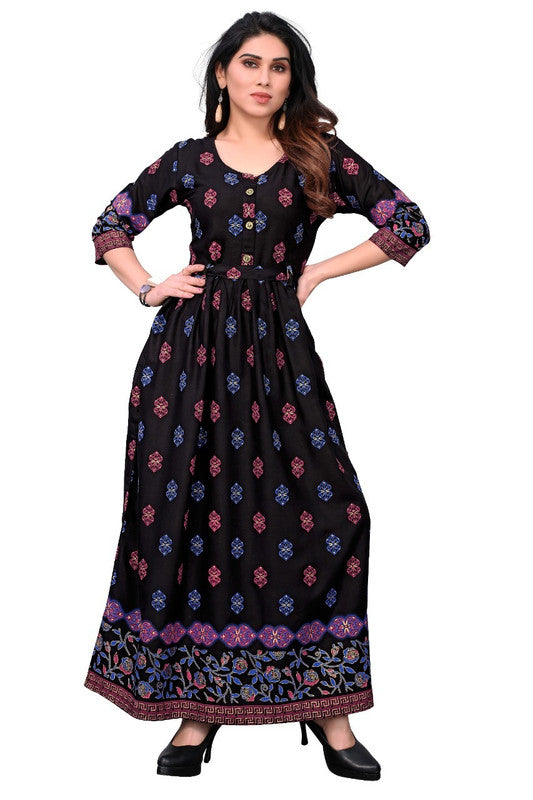 Black Coloured Rayon Gold Foil Printed 3/4 Sleeves Gown Kurti with Belt!!