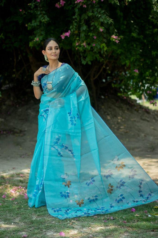 Aqua Blue & Multi Coloured Pure Soft Oranza Silk with stylish Print & Fancy Border Women Party wear Oranza Silk Saree with Blouse!!