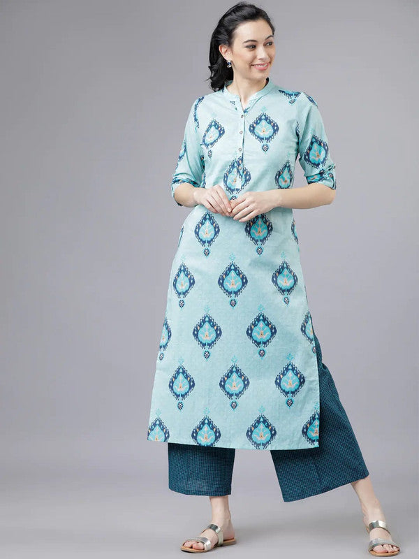 Blue Coloured Pure Cotton with floral printed Women Designer Party wear Straight Line Kurti with palazzo pants!!