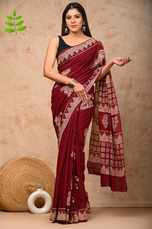 Maroon & White Coloured Pure Cotton Beautiful Hand Block printed Women Daily/Party wear Saree with Blouse!!