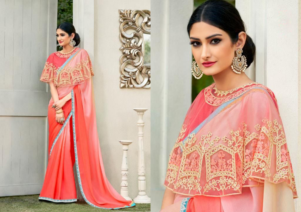 Peach Cadbury Chiffon Designer Saree with Double Blouse( 1. Plain Silk Blouse 2. Poncho Blouse)!!