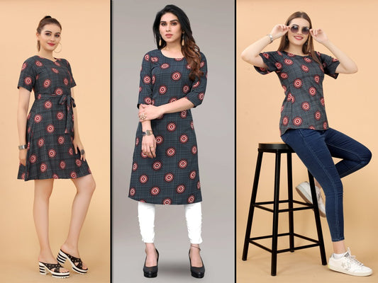 Dark Grey & Multi Coloured Premium Crepe Printed Women Daily wear Kurti, Western Top & Western Dress Combo ( 3 Pcs )!!