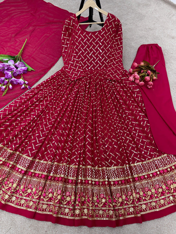 Maroon Coloured Faux Georgette with Embroidery Sequence Work Women Designer Party wear Anarkali Gown kurti with Bottom & Dupatta!!