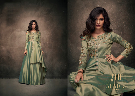 Pista Green Coloured Triva Satin With Embroidery work Women Designer Ethnic Party wear Gown!!