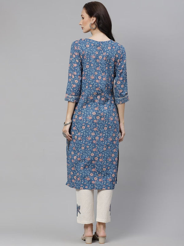 Blue Ethnic Motifs Printed Pure Cotton Straight shape Party wear Kurti with Trousers!!