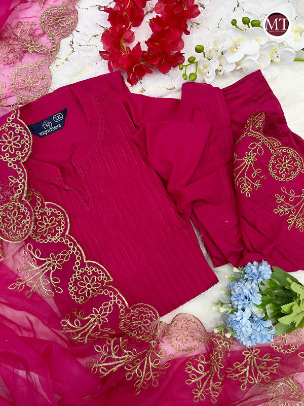 Dark Pink Coloured Cotton SILK with Embroidery Work Women Designer Party wear Kurti with Pant & Organza Dupatta!!