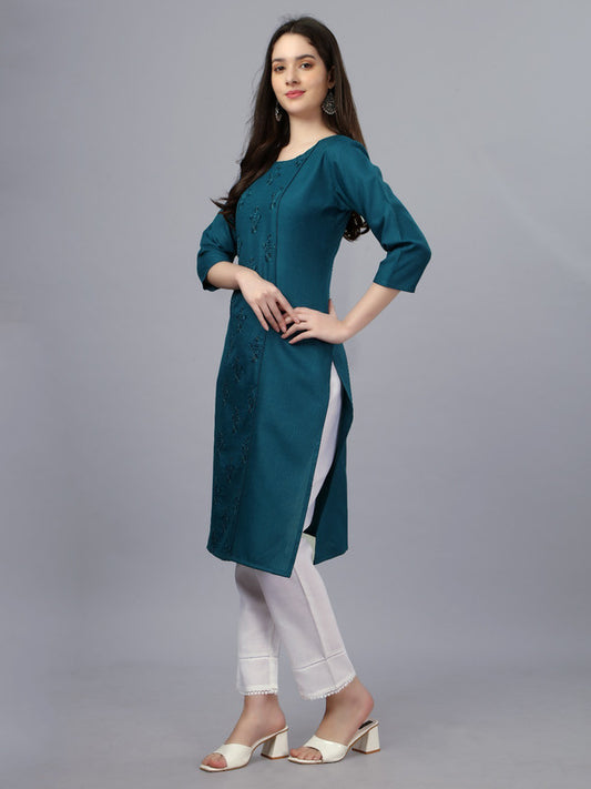 Bottle Green Coloured Pure Cotton with Embroidery work Round Neck 3/4 Sleeves Women Designer Party/Daily wear Kurti!!