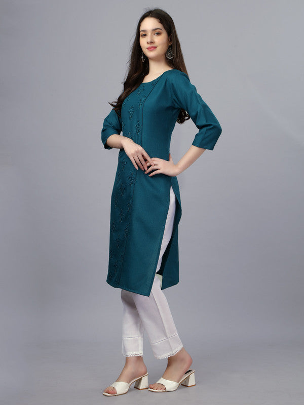 Bottle Green Coloured Pure Cotton with Embroidery work Round Neck 3/4 Sleeves Women Designer Party/Daily wear Kurti!!