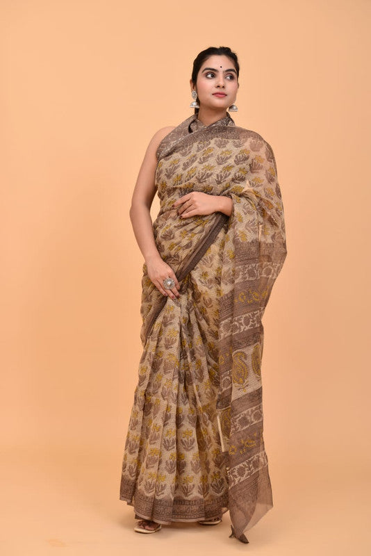 Beige & Multi Coloured Kota Doria Cotton with Ajrakh Hand block Print Women Designer Party wear Kota Doria Cotton Saree with Blouse!!