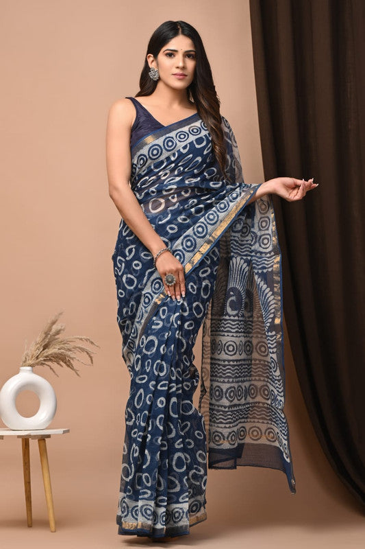 Blue & White Coloured Kota Doriya Cotton Beautiful Hand Block printed Women Daily/Party wear Saree with Blouse!!