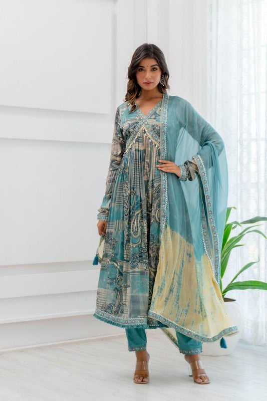 Aqua Blue & Multi Coloured Premium Chinon Embroidery with Mirror Work Women Designer Party wear Floral Alia Cut Suit with Pant & Dupatta!!