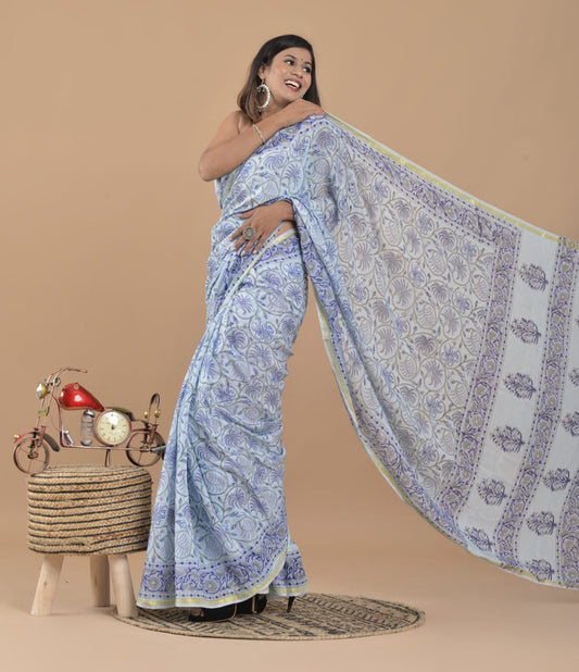 CHANDERI MIX COTTON BLOCK PRINTED SAREE