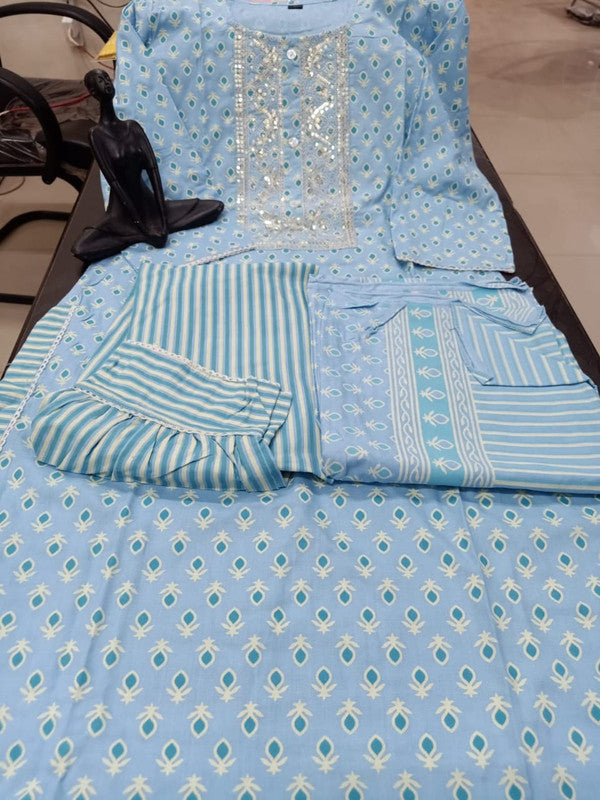 Blue coloured Embroidery kurti with Pant and Dupatta!!