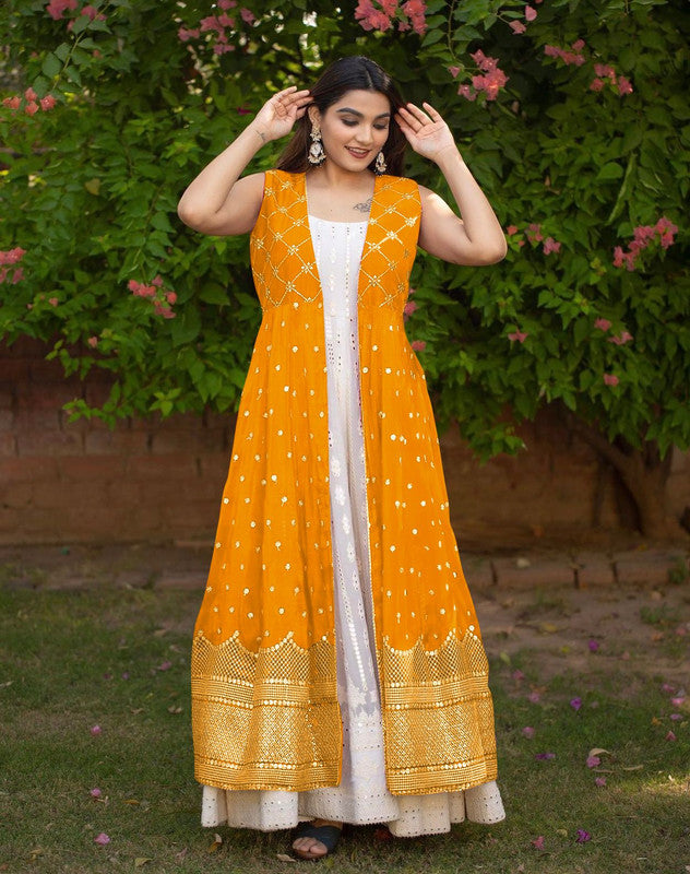 Yellow Faux Georgette with 9mm Embroidery Sequence Work Party wear Gown with Bottom & Koti!!