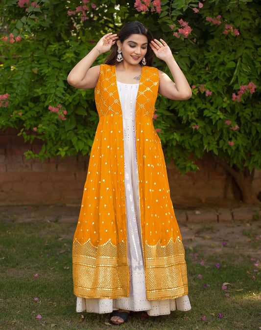 Yellow Faux Georgette with 9mm Embroidery Sequence Work Party wear Gown with Bottom & Koti!!