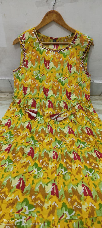 Mustard Yellow & Multi Coloured Pure Cotton Floral Printed Sleeveless Women Designer Party/Daily wear Long Flair Gown Kurti!!