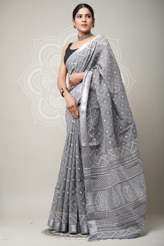 Grey & Multi Coloured Linen Cotton Beautiful Hand Block printed Women Daily/Party wear Saree with Blouse!!