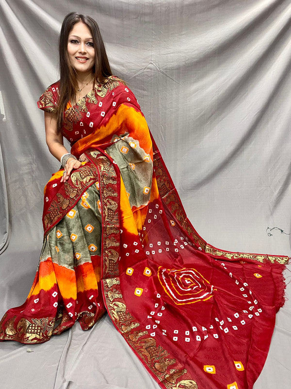 Maroon & Multi Coloured with Zari Weaving & Bandhani Print Women Designer Party wear Art Silk Saree with Blouse!!