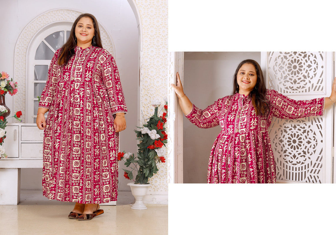 Red & Off White Coloured Premium Rayon Printed 3/4 Sleeves Round Neck Women Designer Party/Daily wear Long Gown Kurti!!