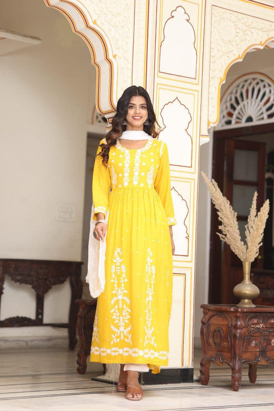 Yellow Rayon Chickankari Anarkali Kurti with Bottom & Dupatta!!