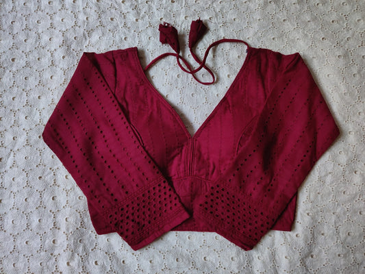 Maroon Coloured  Pure Cotton Hakoba full Sleeve Ready Made Blouse!!