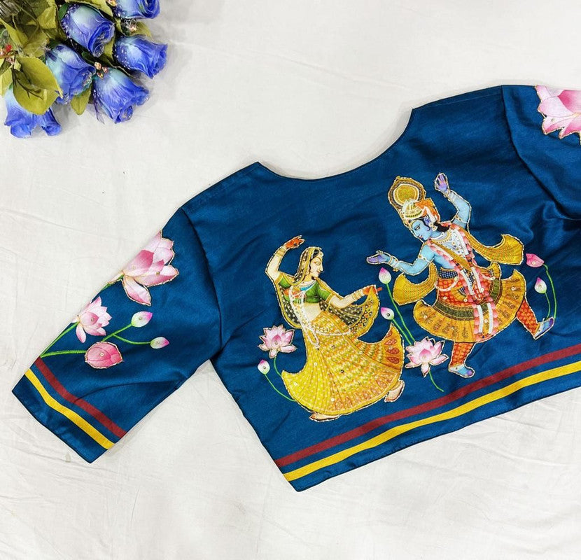 Radha Krishna Blue Pure Silk Handmade work Readymade Blouse!!