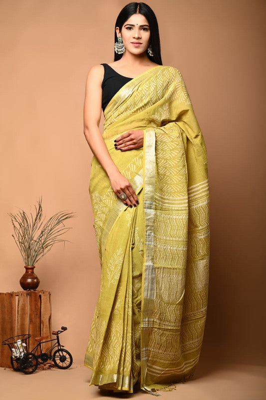 Mehendi Green & Multi Coloured Linen Cotton Beautiful Hand Block printed Women Daily/Party wear Saree with Blouse!!